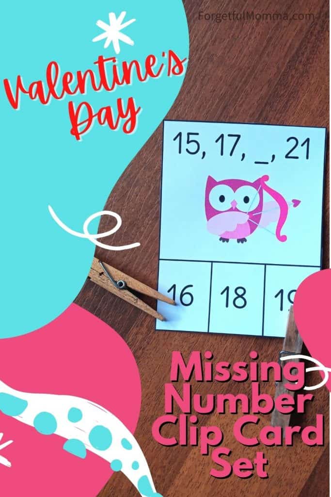 Valentine's Day Missing Number Clip Card Set - card with clothes pins - text overlay
