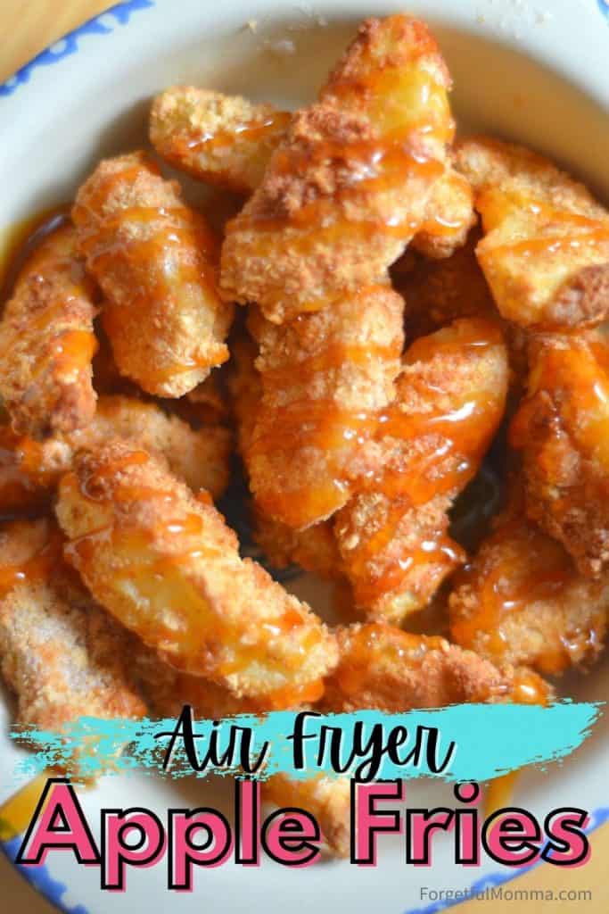 Air Fryer Apple Fries in bowl with text overlay