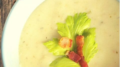 Single Serving Creamy Potato Soup pinterest image of potato soup with text overlay