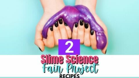 Woman holding bright purple slime in both hands with blue background