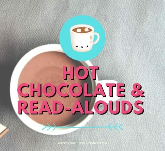 mug of hot chocolate with Hot Chocolate and Read-Alouds text overlay